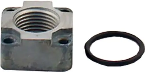 Flansch aus Metall mit Innengewinde und vier Befestigungslöchern, daneben ein O-Ring. Produkt von Wolf.
